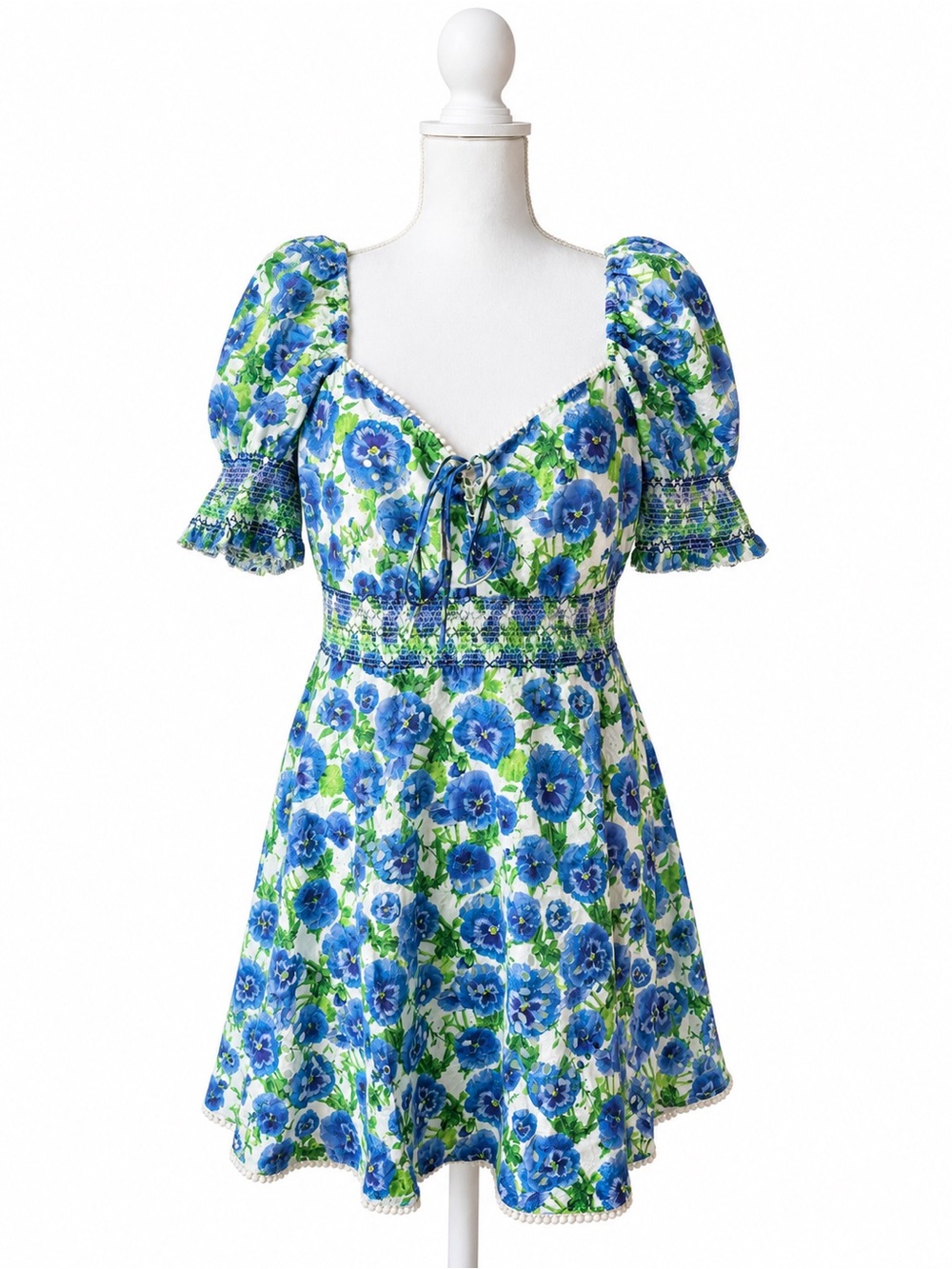 Alice+Olivia Blue Pansy Floral Smoked Mini Dress Puff Sleeve Pom Pom Hem Size 6